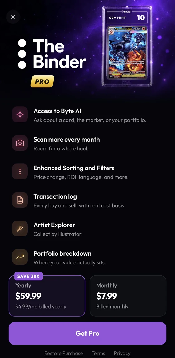 The Binder Pro screen in the app